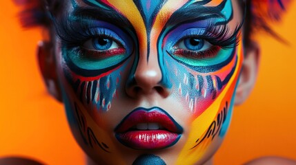 A glamorous portrait of a woman with a painted face and elaborate makeup, embodying mystery and beauty at a carnival or celebration