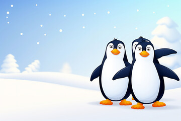 Obraz premium Cute penguins standing side by side on snowy ground with a clear blue sky and snow-covered trees in the background. Copy space 