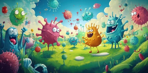 Playful Colorful Virus Characters Frolic In A Vibrant Meadow