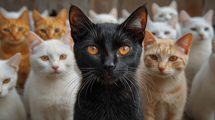 Black cat leading a crowd of orange and white cats