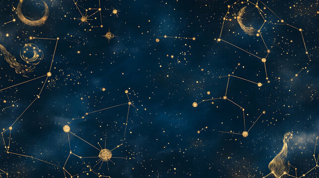 Celestial map showcasing constellations and stars with golden symbols against a deep blue backdrop representing the universe