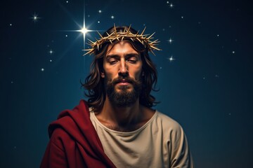 Fototapeta premium Jesus Christ depicted with a crown of thorns, looking compassionate, against a backdrop of a starry night sky with shining stars