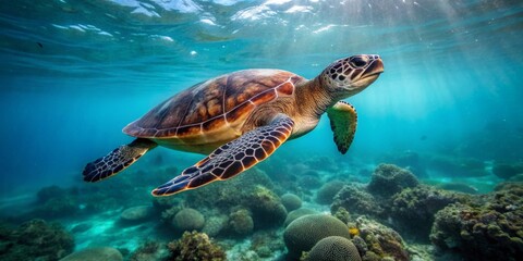 Obraz premium Graceful Sea Turtle Swimming in Crystal Clear Ocean Water