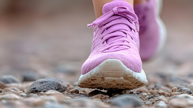 Woman jogging on rocky path, nature background, fitness