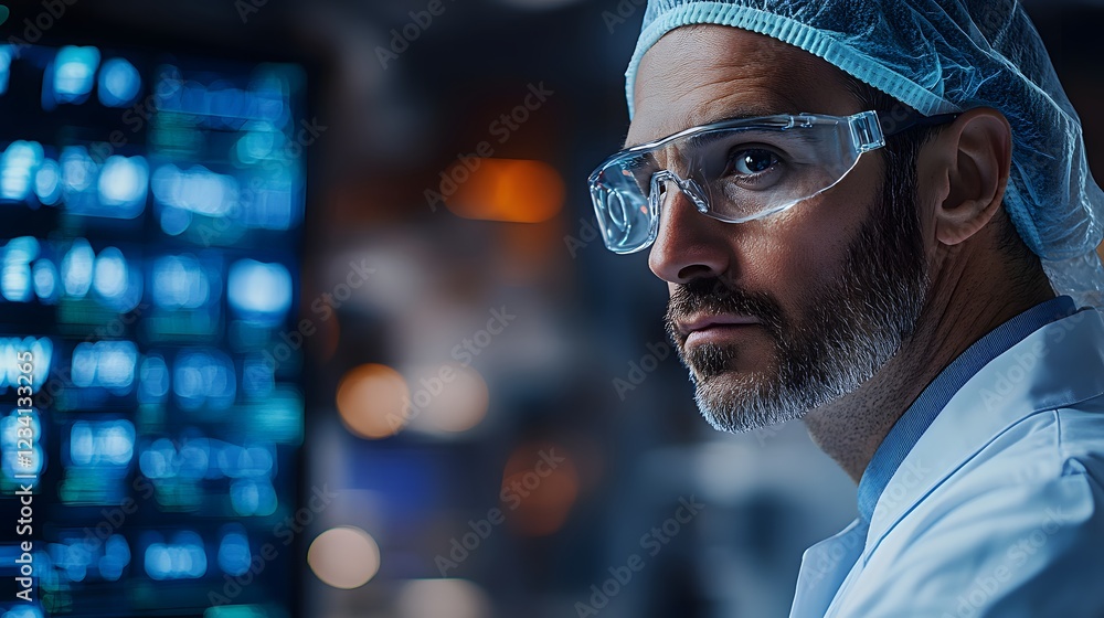 Poster focused doctor in an operation theatre utilizing a modern surgical microscope and a variety of steri