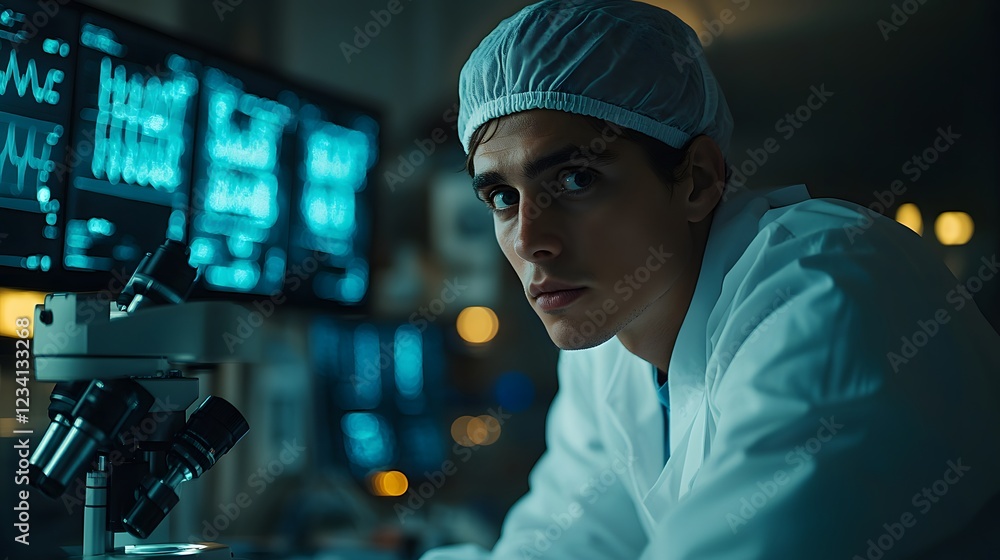 Poster focused doctor in an operation theatre utilizing a modern surgical microscope and a variety of steri