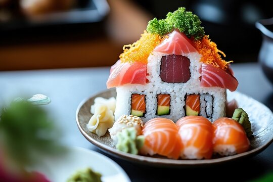 Creative Sushi Presentation in the Shape of a Colorful House
