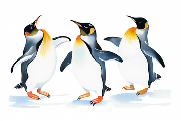 Obraz premium Three illustrated penguins walking together with playful expressions, showcasing a fun and lively winter or arctic theme. 
