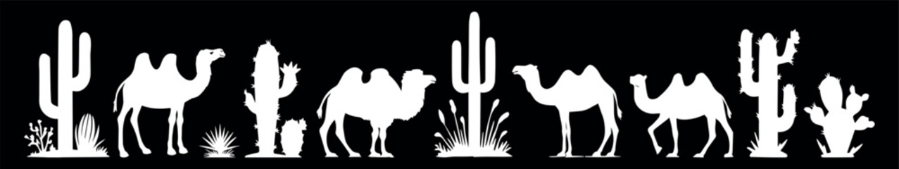 animals and plants of the desert vector white silhouette on a black background. black and white drawing of camels and cacti vector silhouette © bleskk