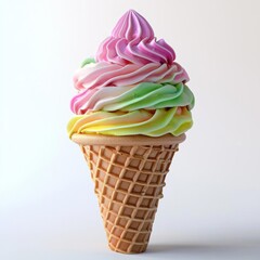Vibrant 3D Render of Rainbow Swirl Ice Cream in a Waffle Cone