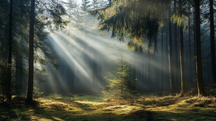 Obraz premium Fresh Misty Morning Sunlight Filtering Through Forest Trees