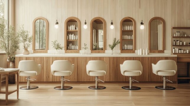 Modern hair salon interior with wooden walls, stylish chairs, and mirrors.