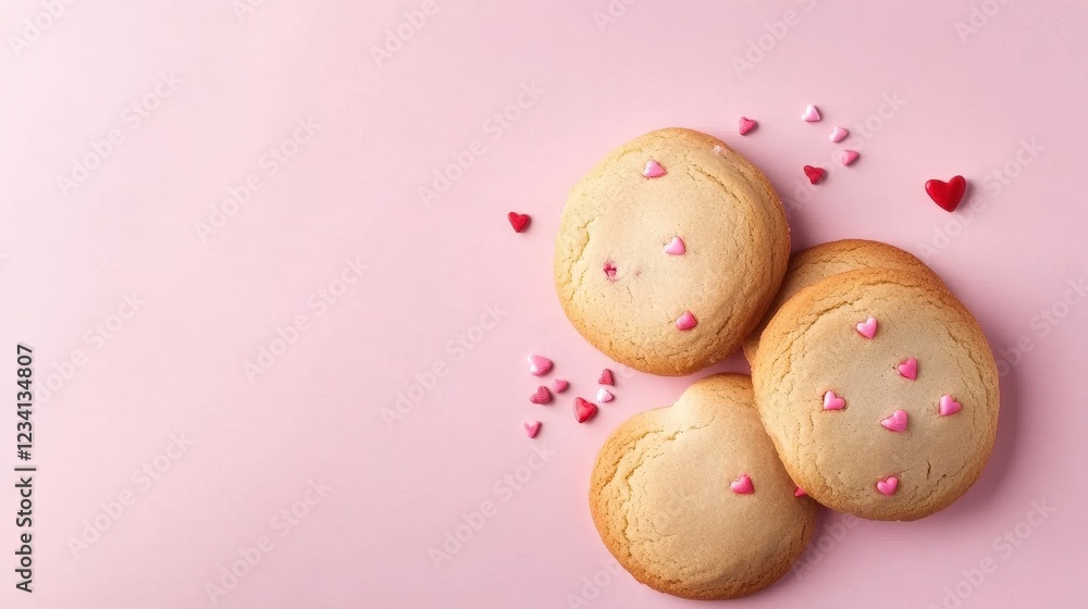Poster three cookies with pink icing on a pink background arranged in a visually appealing composition