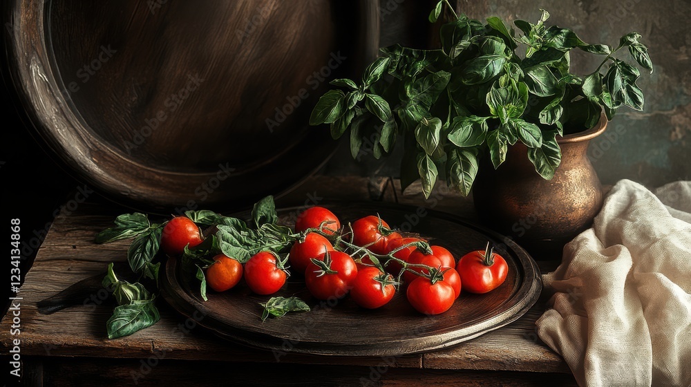 Poster fresh tomatoes and basil on a wooden table with vintage kitchenware in a rustic setting