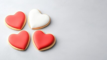 Fototapeta premium Three heart shaped cookies arranged on a white surface for decoration or celebration purposes