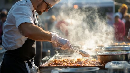 Fototapeta premium A chef preparing food at a festival while wearing gloves and a hairnet