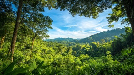 Lush Green Forest Under Clear Blue Sky with Scenic Mountain View