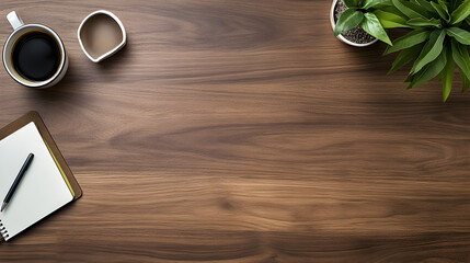 view of a clutter-free working desk with a notebook, pen, and a cup of coffee on a smooth wooden surface 