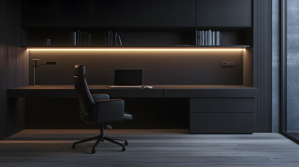 and minimal dark-themed desk setup with a black desk, soft ambient lighting, and a sleek office chair 
