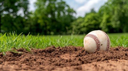 Closeup of Baseball in Brown Dirt Field with Lush Green