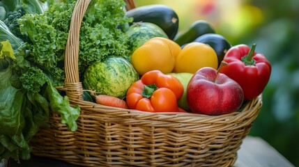 A close-up of a basket of organic fruits and vegetables on a wooden table