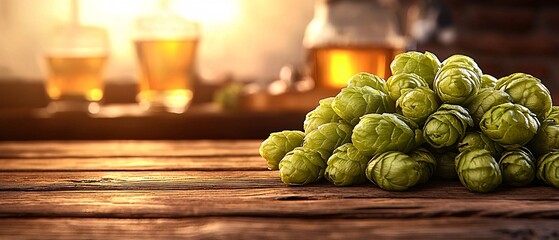 Fresh Green Hops on Wooden Table with Blurred Drinks in Background