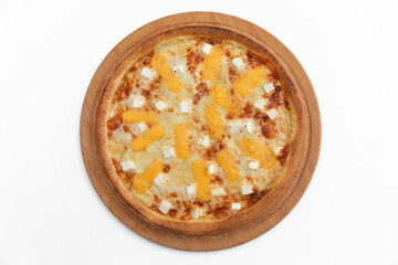 Pizza with pineapple and mozzarella cheese on a white background