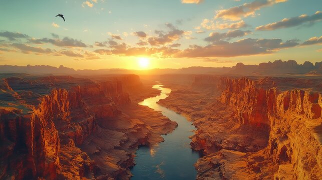 Majestic Sunset over Canyon River Landscape