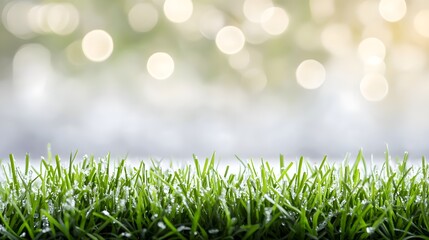 Closeup of Dewy Green Grass with Soft Bokeh Background