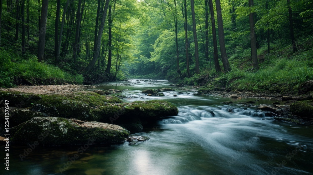 Poster flowing pristine river through lush green forest in tranquil setting