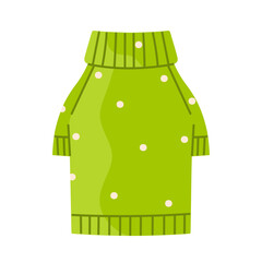 Green polka dot sweater for pets. Fashionable knitted accessory for domestic animals.Dog and cat apparel concept. Vector illustration in cartoon style. Isolated white background