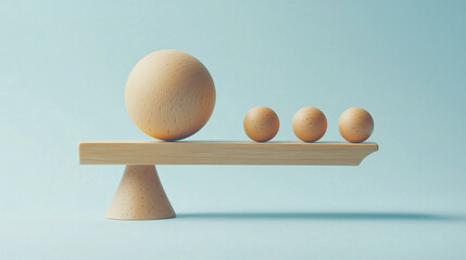 A wooden scale delicately balances a big ball with four smaller ones, set against a pale blue backdrop.