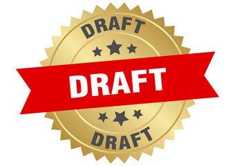 draft. draft round red and gold label isolated on transparent background