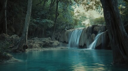 Naklejka premium Serene Waterfall in Lush Jungle Pool