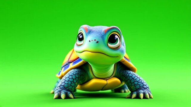 Colorful cartoon turtle chroma key, green background, animation mascot