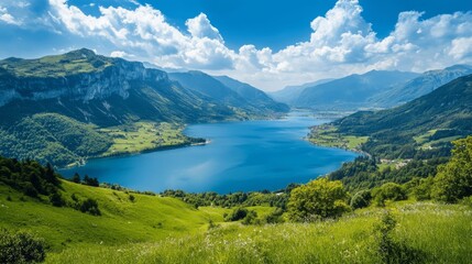 Breathtaking Scenic View of Blue Lake Surrounded by Green Mountains