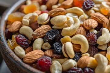 A close-up of a bowl of mixed nuts and dried fruits