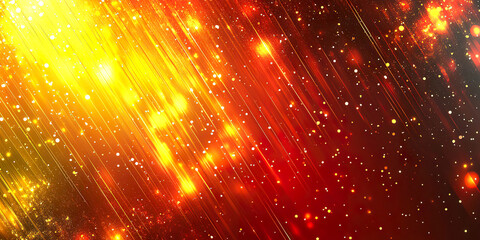 Obraz premium Bright background with golden and red light sparkles, particle effects, and diagonal lines. Generated with AI.