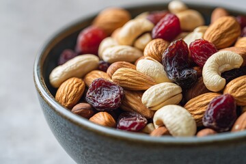 A close-up of a bowl of mixed nuts and dried fruits
