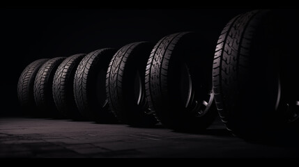 Obraz premium A row of modern black tires arranged neatly on a dark surface, emphasizing their sleek design and texture