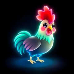 Colorful cartoon rooster in radiant neon style against a dark background. Generative AI