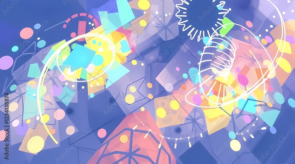 Poster brightly colored abstract design with geometric shapes and vibrant patterns on a blue background. ge