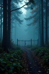 Moody forest atmosphere with a black metal fence in the distance, eerie ambiance, misty atmosphere