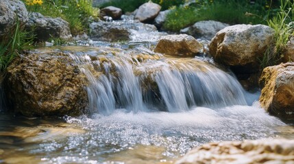 Obraz premium Serene Mountain Stream with Clear Fresh Drinking Water Flowing