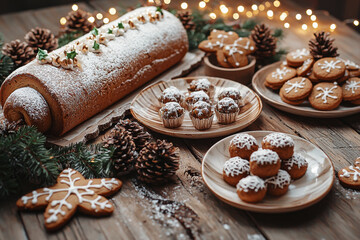 Fototapeta premium Delightful holiday dessert table with yule log cake, gingerbread cookies, and truffles in cozy rustic setting