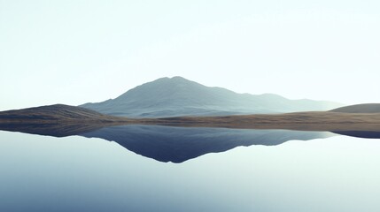 Mountain lake reflection, serene landscape, misty morning, calm waters, travel poster