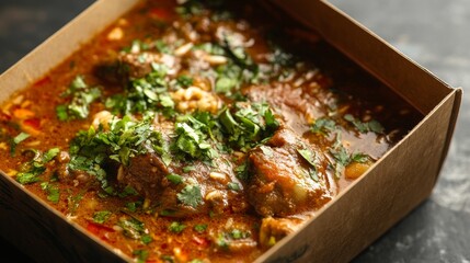 Rich and flavorful stew served in a takeout box with fresh herbs and spices in a cozy kitchen setting