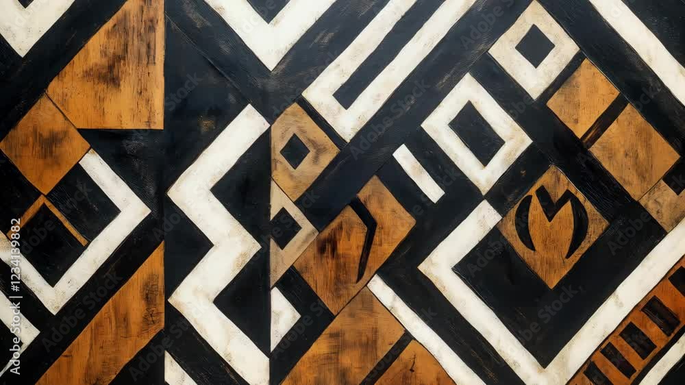 Poster geometric patterns on wooden surface: ethnic design and symmetrical texture exploration
