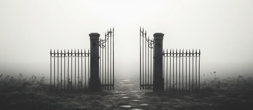 Foggy field, open iron gates, path ahead, mystery