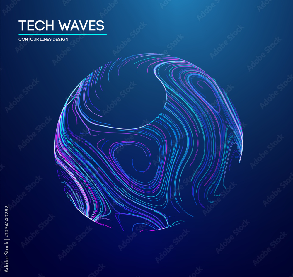 Poster futuristic sphere with flowing neon contour lines representing tech waves. vector technology backgro
